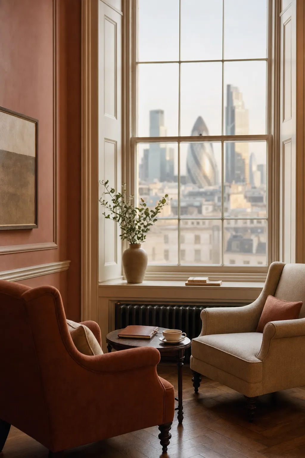 Two armchairs drawn up to a low table beside a tall window overlooking the City of London