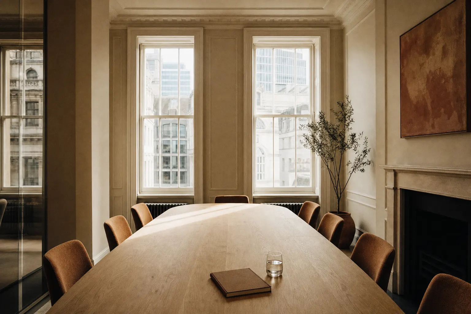 An empty boardroom in a period City building, with a long oak table lit by tall sash windows